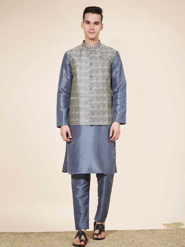 Slate Blue Pure Silk Readymade Kurta Pajama With Jacket